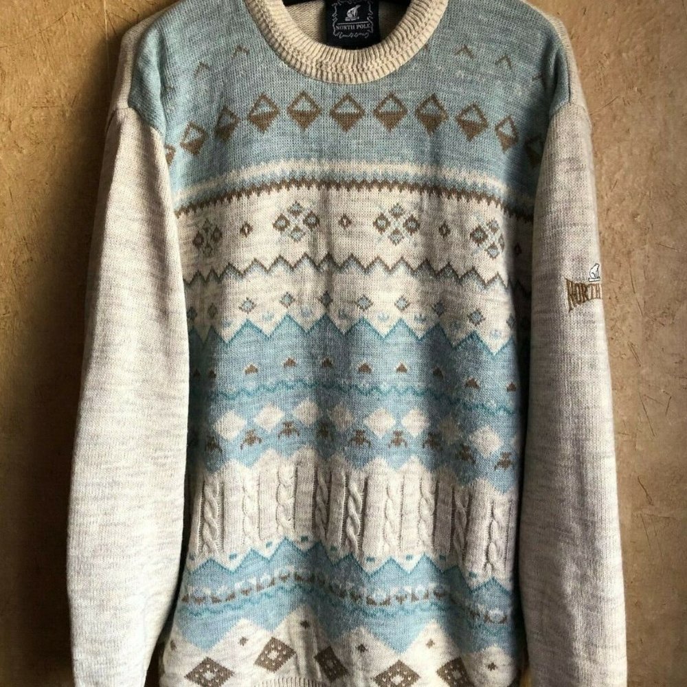 NORTH POLE Sz L Wool Blend Women Sweater Pullove Tan/Blue Ornament Italy